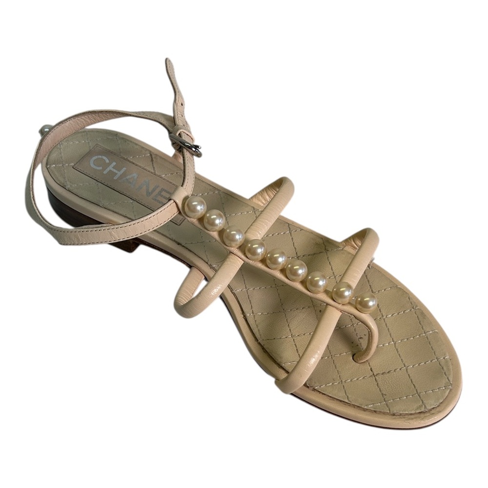 CHANEL Beige Sandals with Pearl Details